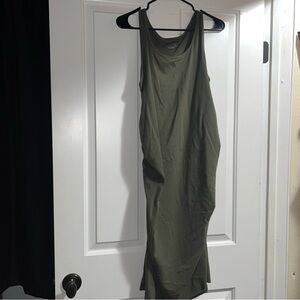 Isabel Maternity Bodycon Scrunch Midi Dress Crewneck Baby shower Olive Green